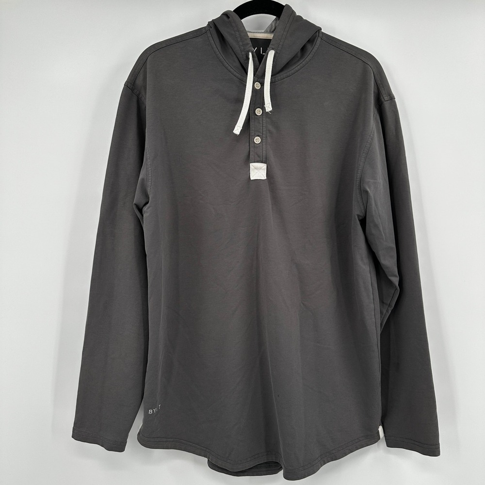 BYLT Basics Men Grey Drop Cut Hooded Henley Shirt Large Hoodie Techwear Casual
